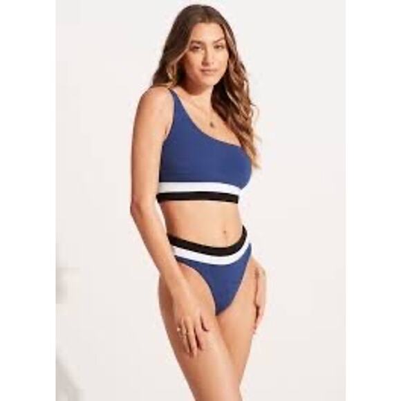 Seafolly Slice Of Splice Ultramarine High Waisted Swimwear Bikini Bottom Size 8 - Picture 3 of 9
